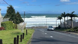 A coastal road with a car, palm trees, and ocean waves.