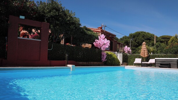 Una piscina amb aigua cristal·lina de color blau, envoltada de vegetació exuberànt i un edifici vermell amb teulada de rajola.