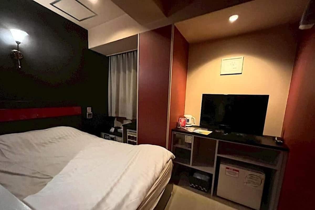 A hotel room with a bed, a television, a desk with a computer, and a small refrigerator.