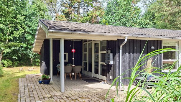 Un espace extérieur abrité, avec une table et des chaises, une plante en pot et une clôture en bois en arrière-plan.