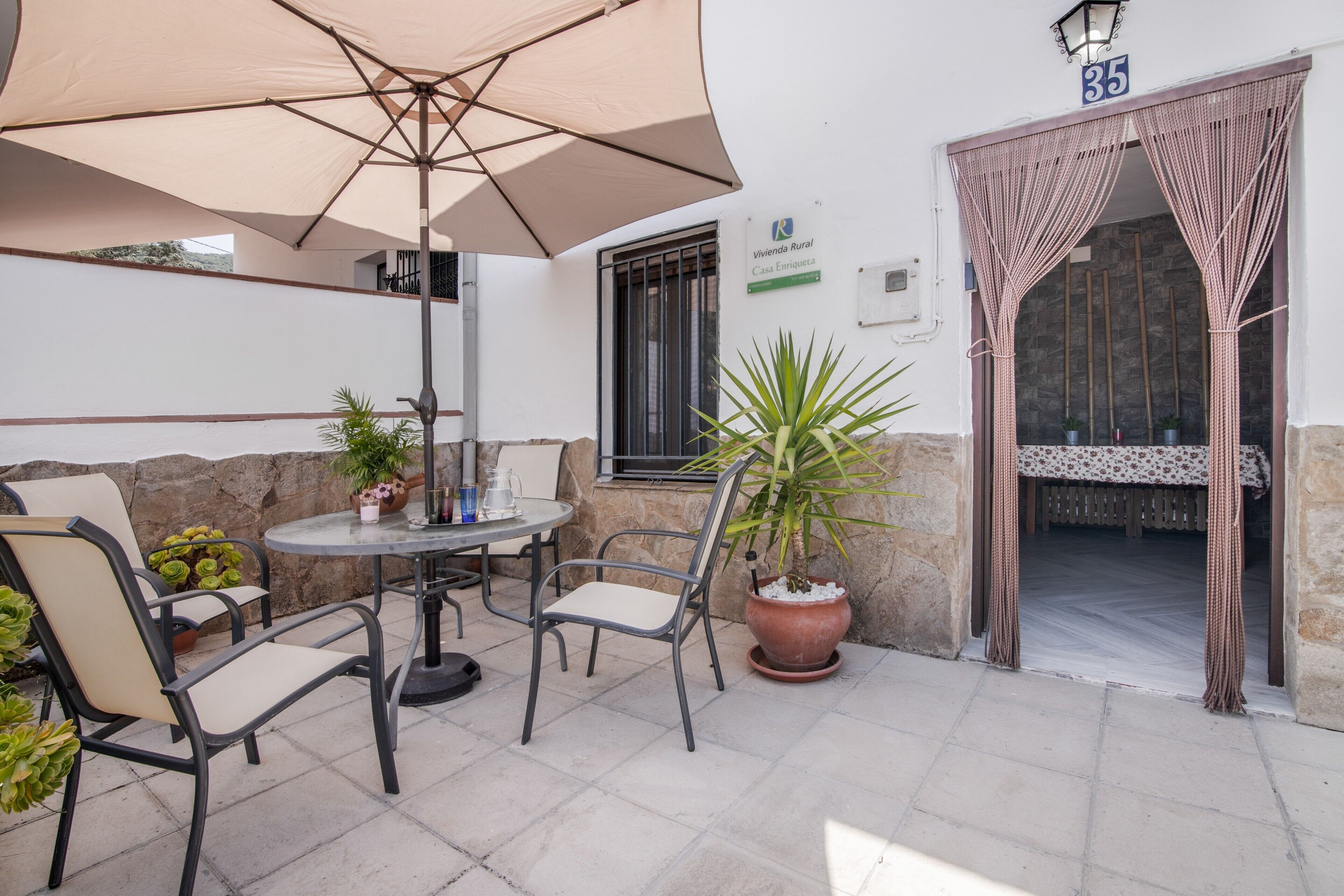 An outdoor patio with a table, chairs, a potted plant, and a large umbrella.