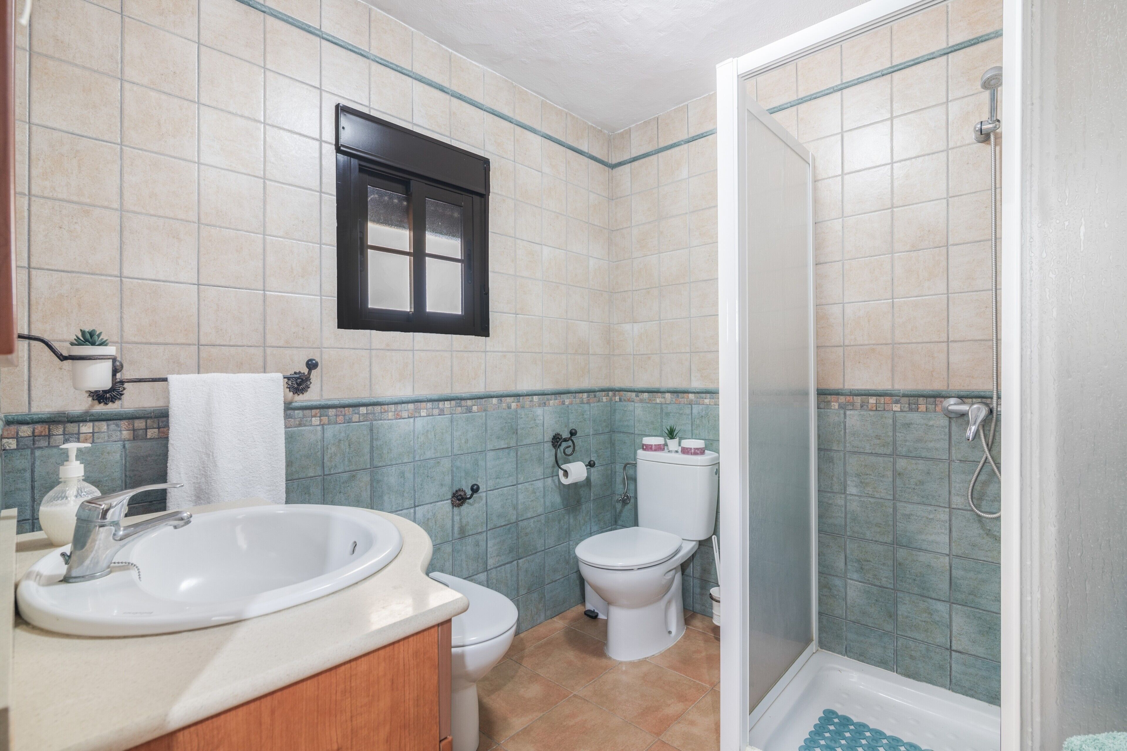 Un baño con lavamanos, inodoro y ducha.