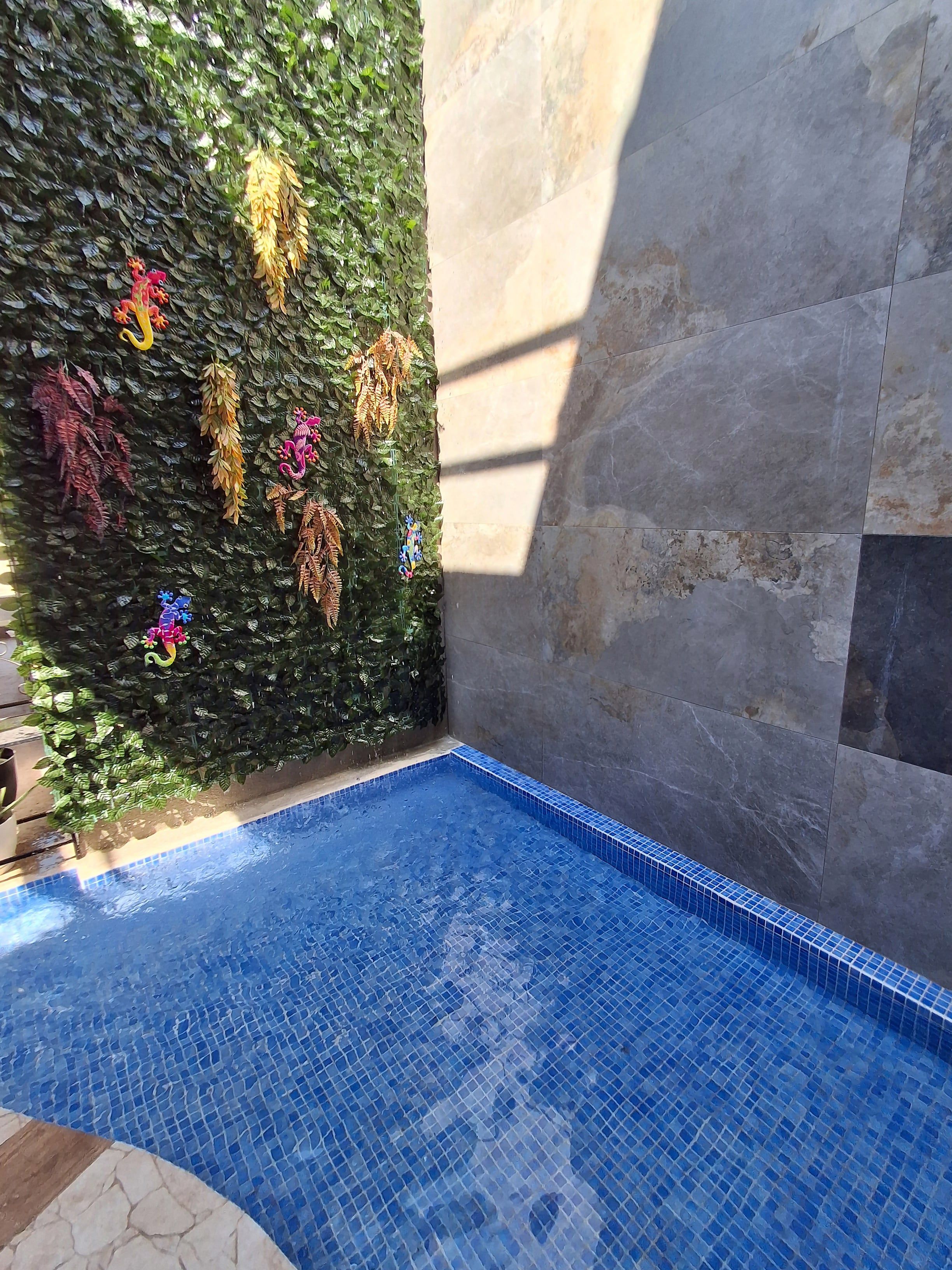 A swimming pool with a tiled edge, surrounded by a wall with a textured surface and a wall-mounted decorative feature.