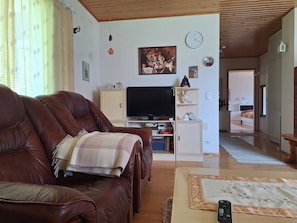 Olohuone, jossa on ruskea nahkasohva, televisio ja kirjahylly.