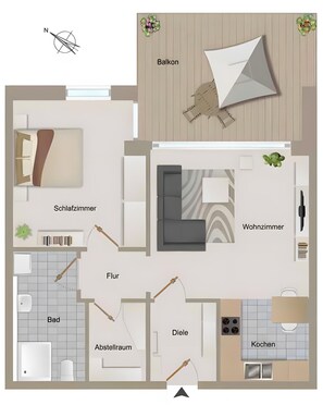 Ein Grundriss mit Balkon, privatem Badezimmer, Wohnzimmer, Essbereich, Küche und zwei Schlafzimmern.