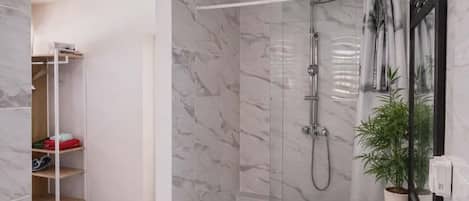 Shower, hair dryer, towels