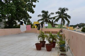 Eine Dachterrasse mit Topfpflanzen, einer Wäscheleine und Blick auf Gebäude und Bäume.