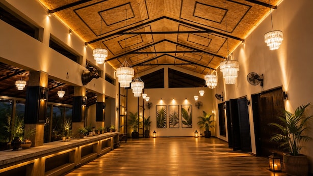 A spacious lobby with a high ceiling, chandeliers, potted plants, and artwork on the walls.