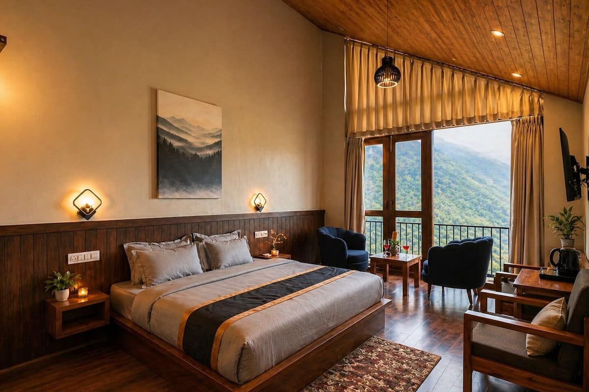 Un dormitorio con una cama grande, mesitas de noche, una silla, una pequeña mesa con una planta y copas de vino, y vista a una montaña boscosa a través de un ventanal amplio.