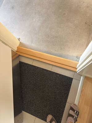 A corner of a room with a black textured rug, a wooden floor, and a white door frame. - Bright Modern Apartment in City Center (Aalborg)