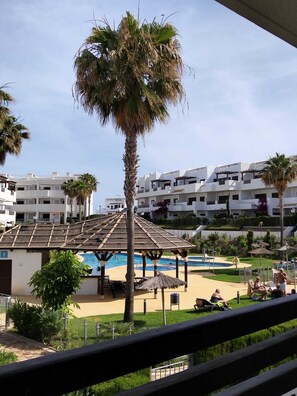 A pool area with a palm tree, lounge chairs, and a building with balconies in the background. - Cocoon Andalou, a little paradise with two pools in Andalusia (AN)