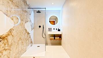 Shower, hair dryer, towels, shampoo
