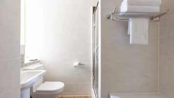 Hair dryer, towels, toilet paper