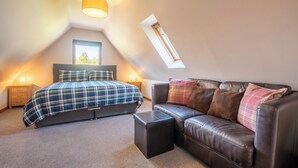 A bedroom with a bed, a leather sofa, a nightstand, a lamp, and a skylight.