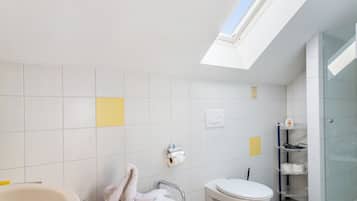 A modern bathroom with a skylight, a bathtub, a toilet, and a glass shower enclosure.