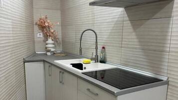 Nevera en la zona común, microondas, horno y placa de cocina