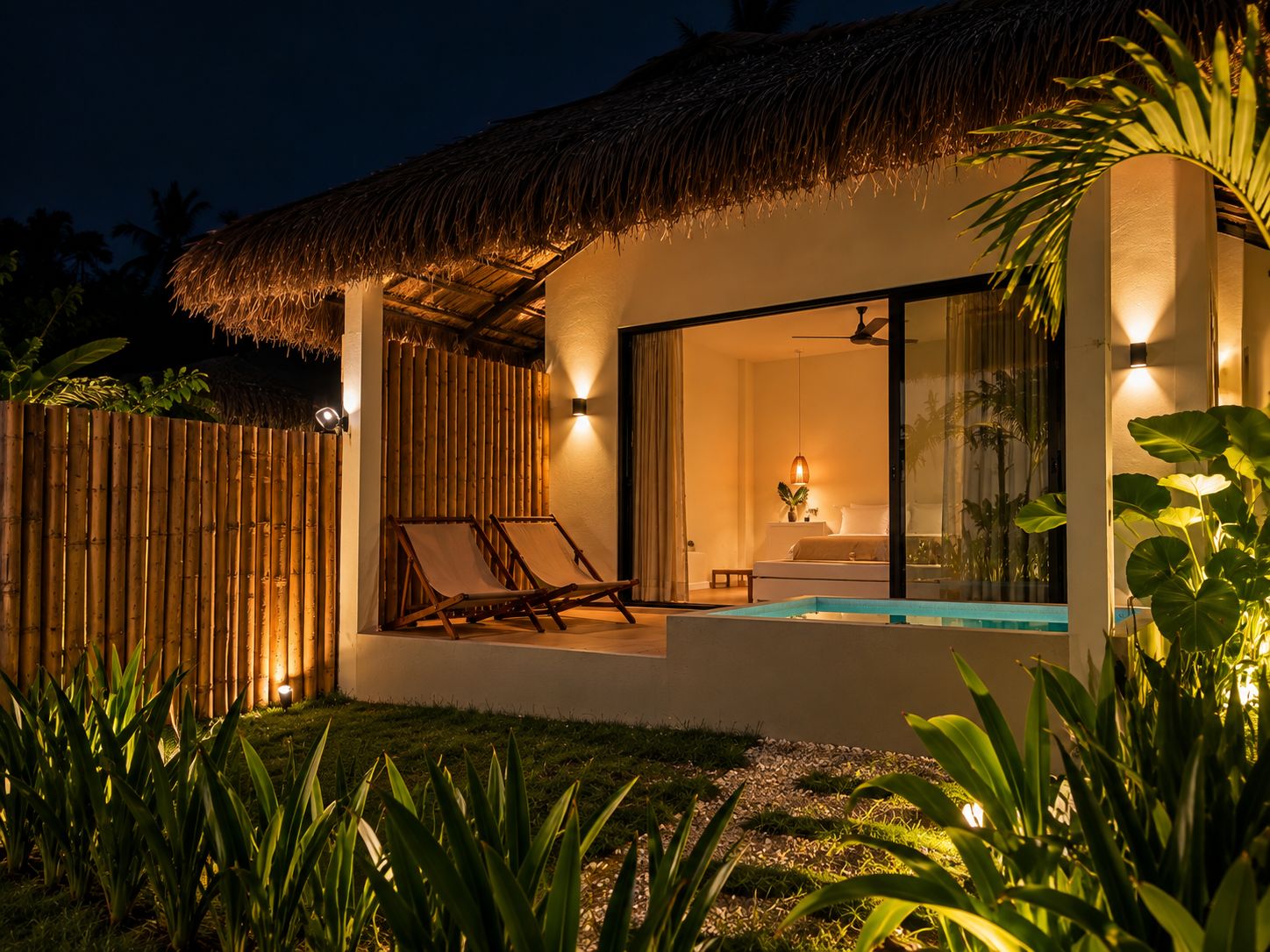 A modern villa with a thatched roof, a pool, and a well-lit interior.