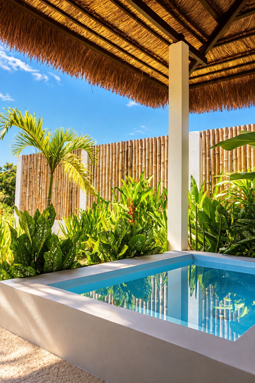 A pool area with a thatched roof, surrounded by lush tropical plants and bamboo fencing.