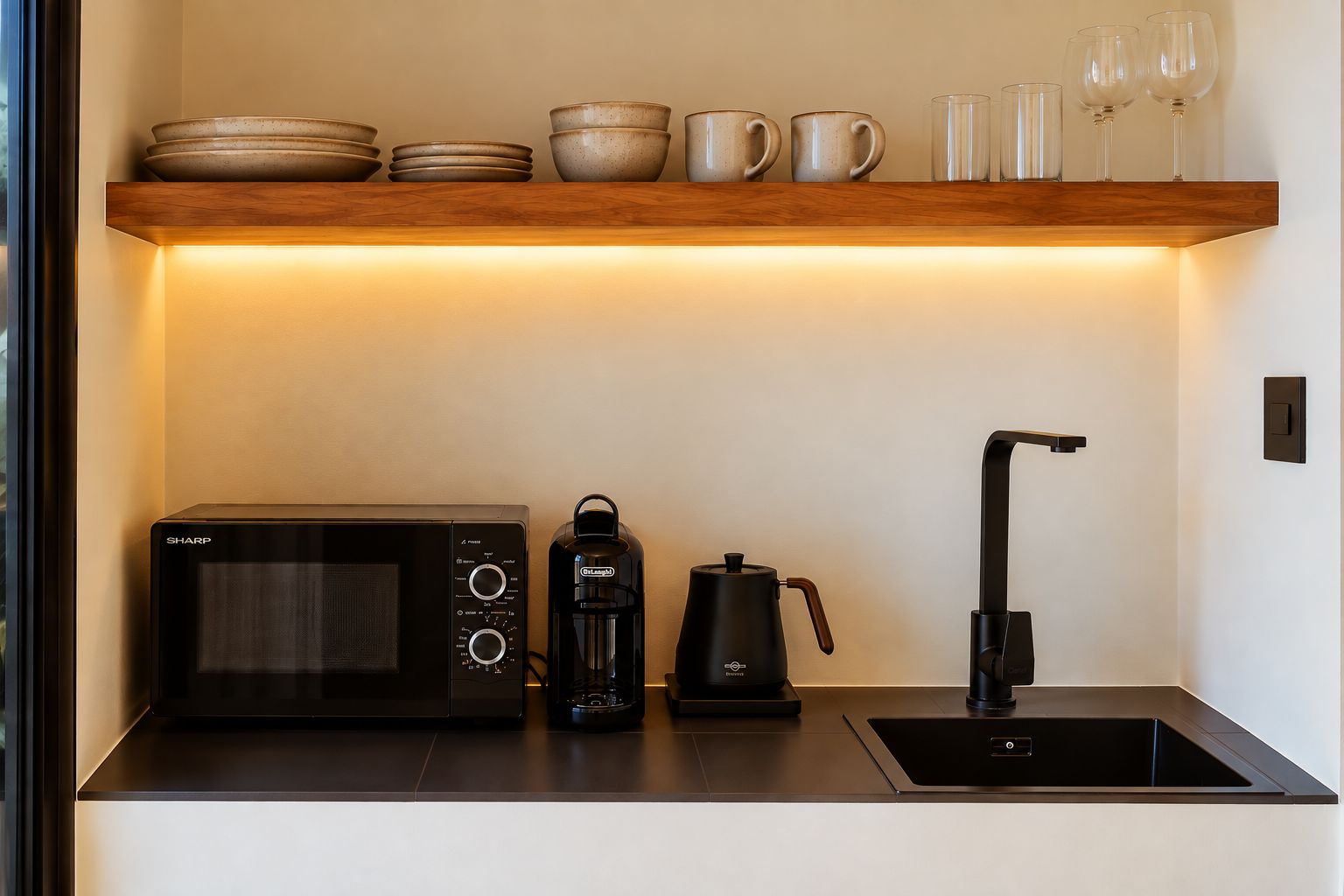 A compact kitchen with a microwave, coffee maker, and sink.