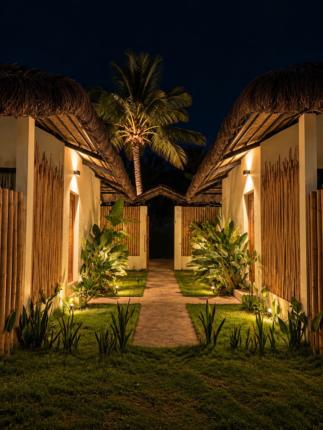 A pathway leading to a building with a thatched roof and bamboo walls, surrounded by tropical plants.