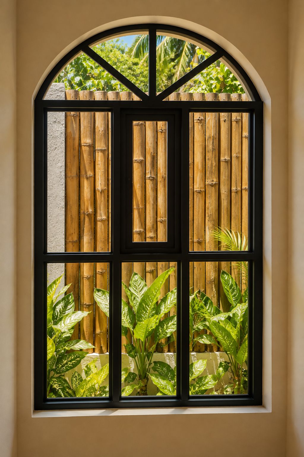 A window with a bamboo screen and lush green plants.