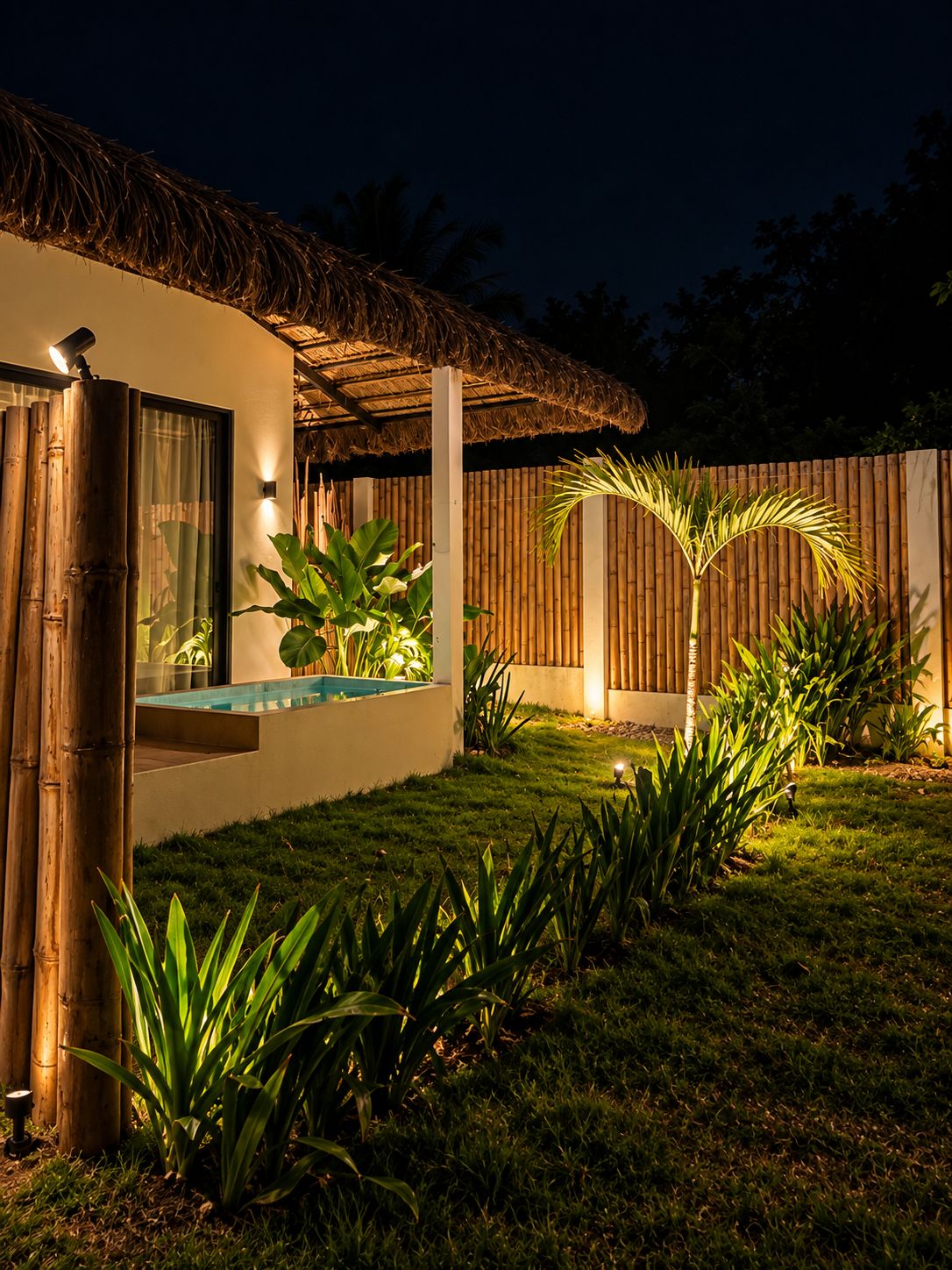 A modern house with a thatched roof, a swimming pool, and a bamboo fence.