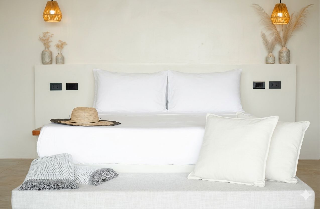A neatly arranged bedroom with a bed, pillows, a hat, and a blanket.