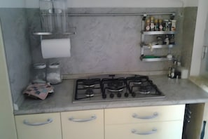 A kitchen with a gas stove, a shelf with bottles, and a paper towel holder.