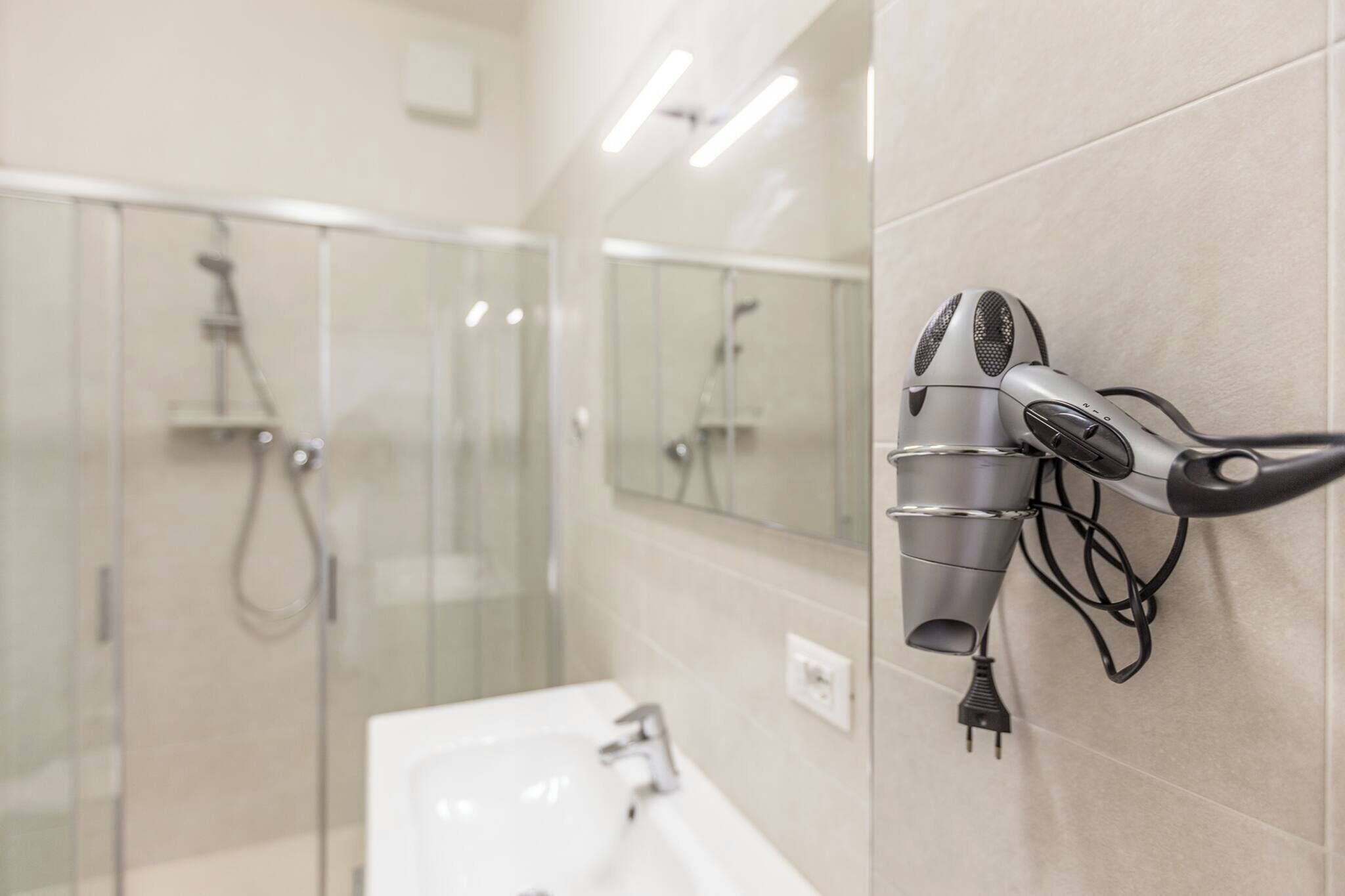Shower, hair dryer, bidet, towels