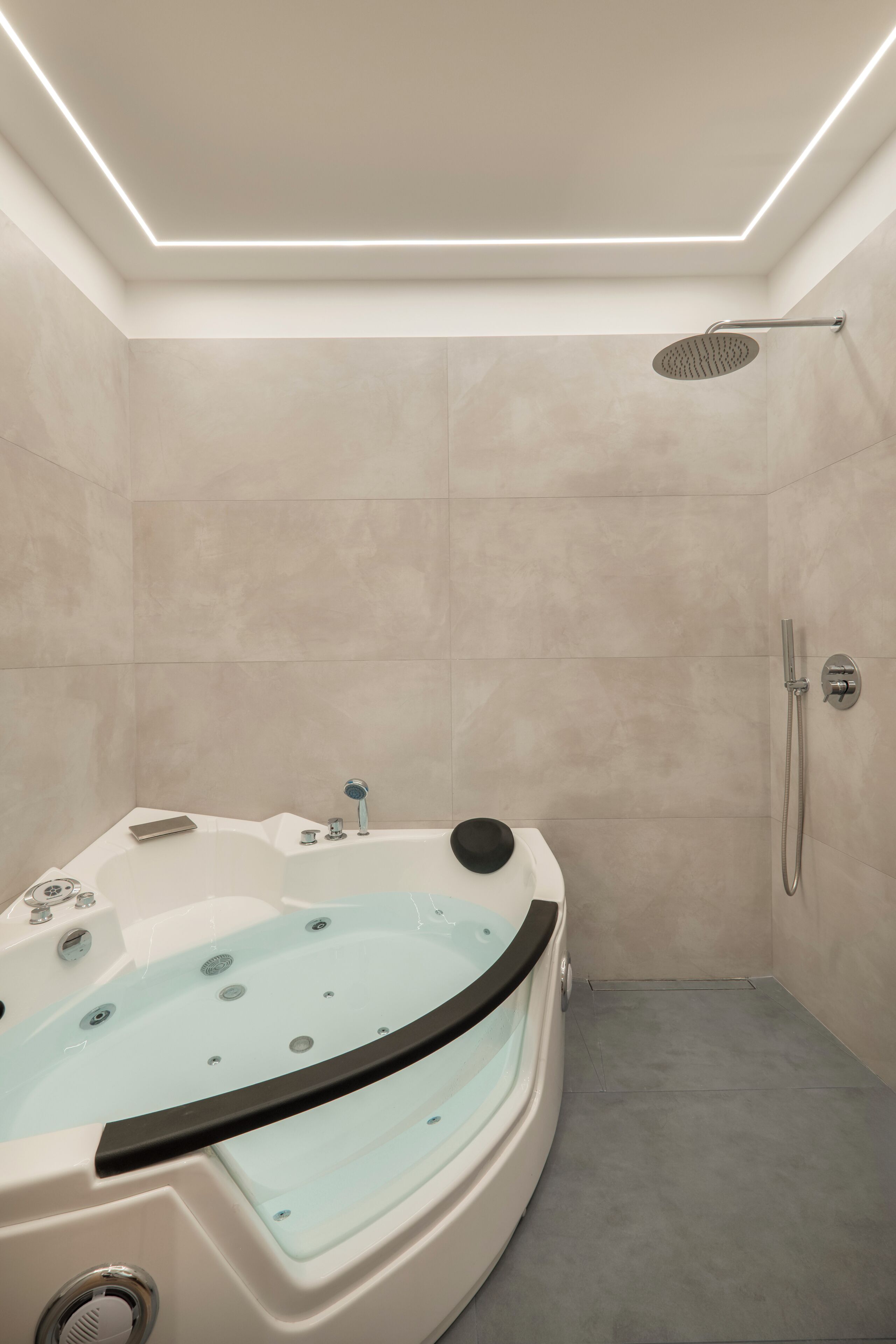 Een moderne badkamer met een vrijstaand bad, een douchekop en een toilet.