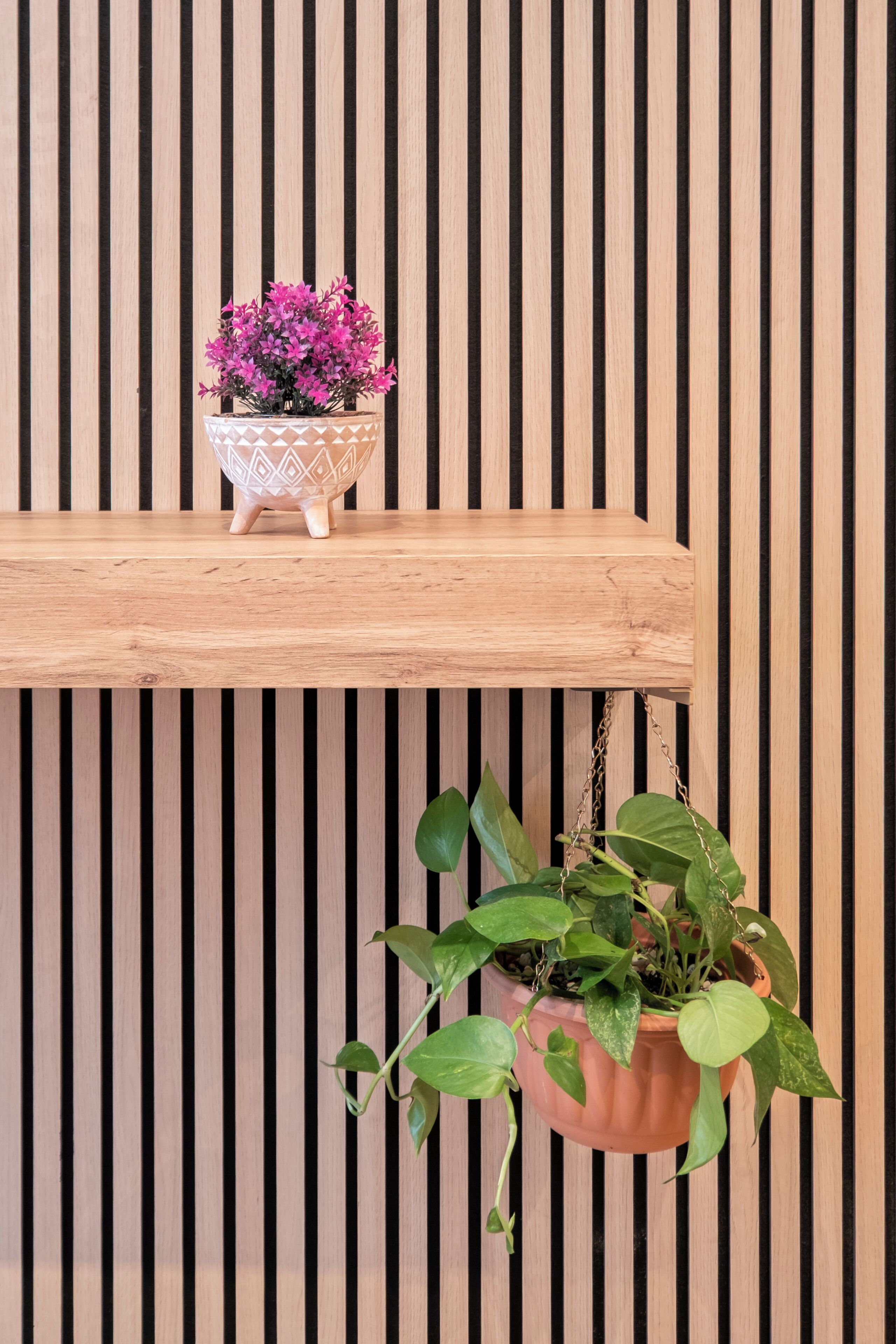 Una estantería de madera con dos plantas en macetas frente a una pared a rayas.