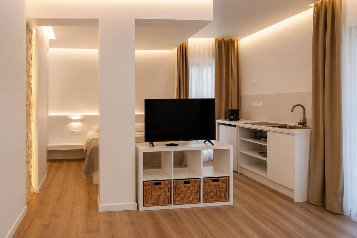 A modern living room with a flat-screen TV, a kitchen area with a sink and cabinets, and a cozy seating area with a bed.