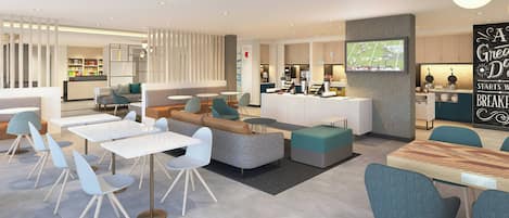 A modern lounge area with seating arrangements, a coffee bar, and a television screen displaying a sports game.