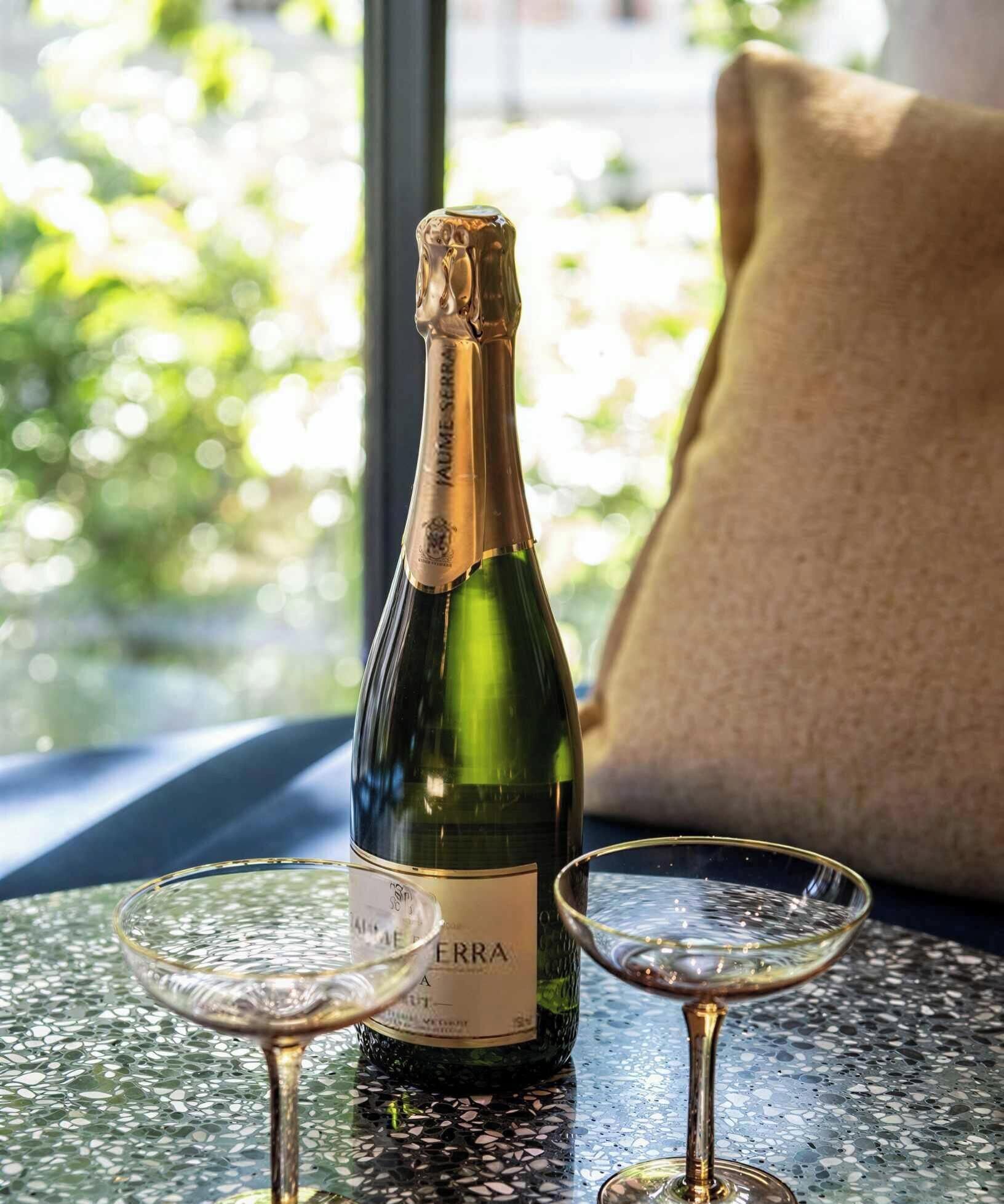 A bottle of wine on a table with two glasses, a window with a view of greenery, and a cushion in the background.