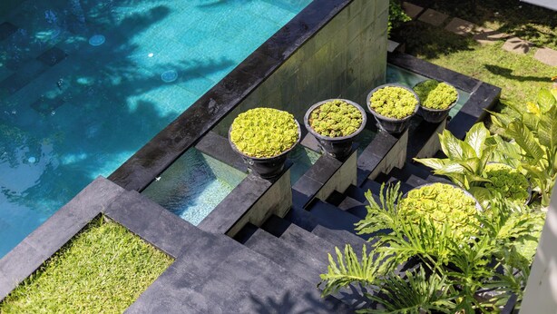 A pool with a surrounding stone border, potted plants, and a grassy area. - Sanga Villa by Betterplace (Pererenan)