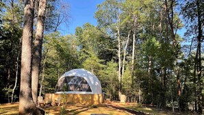 A dome-shaped structure in a forested area with a picnic table in the foreground.