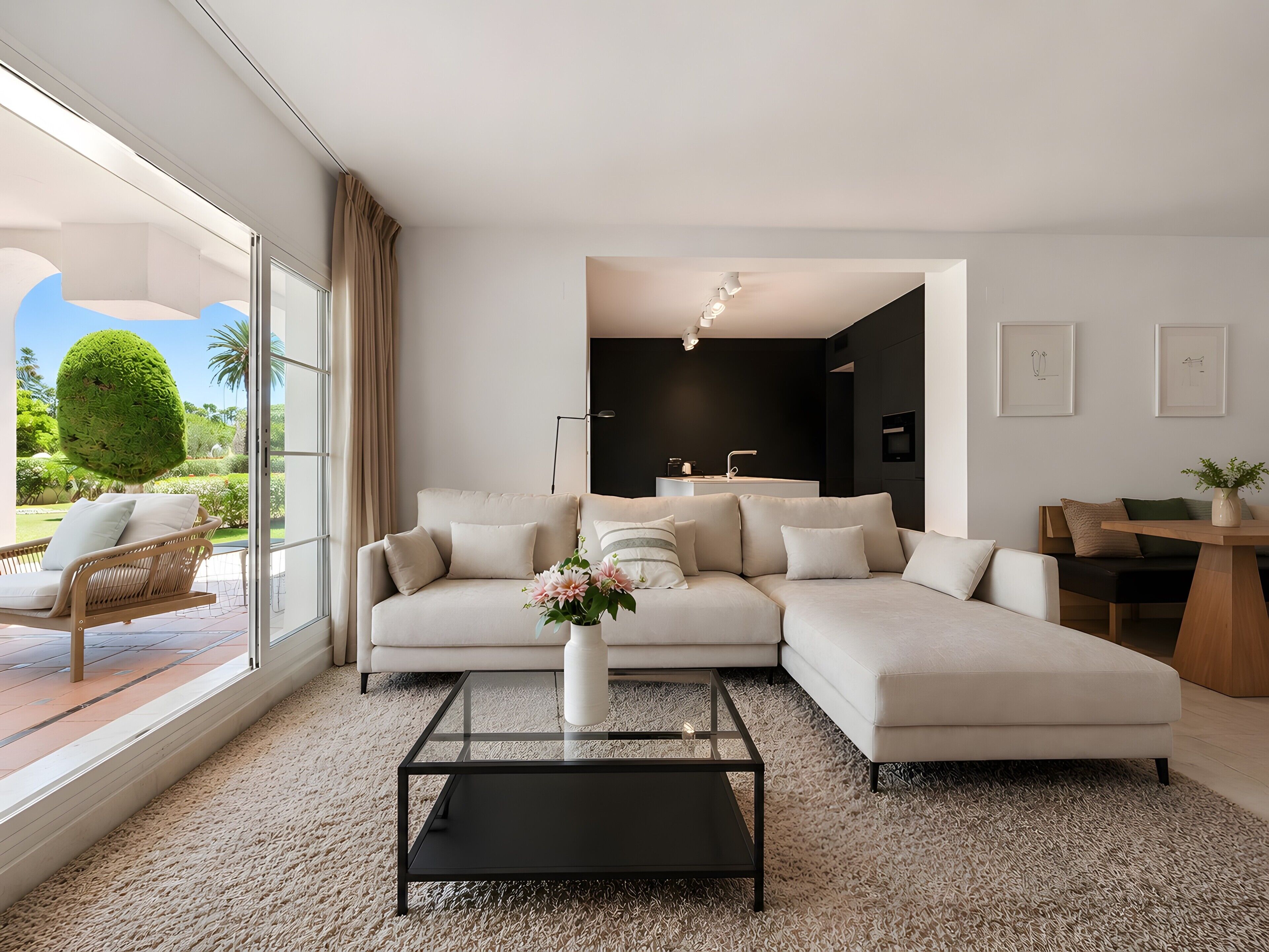 A modern living room with a sectional sofa, a glass coffee table, and a view of a garden.