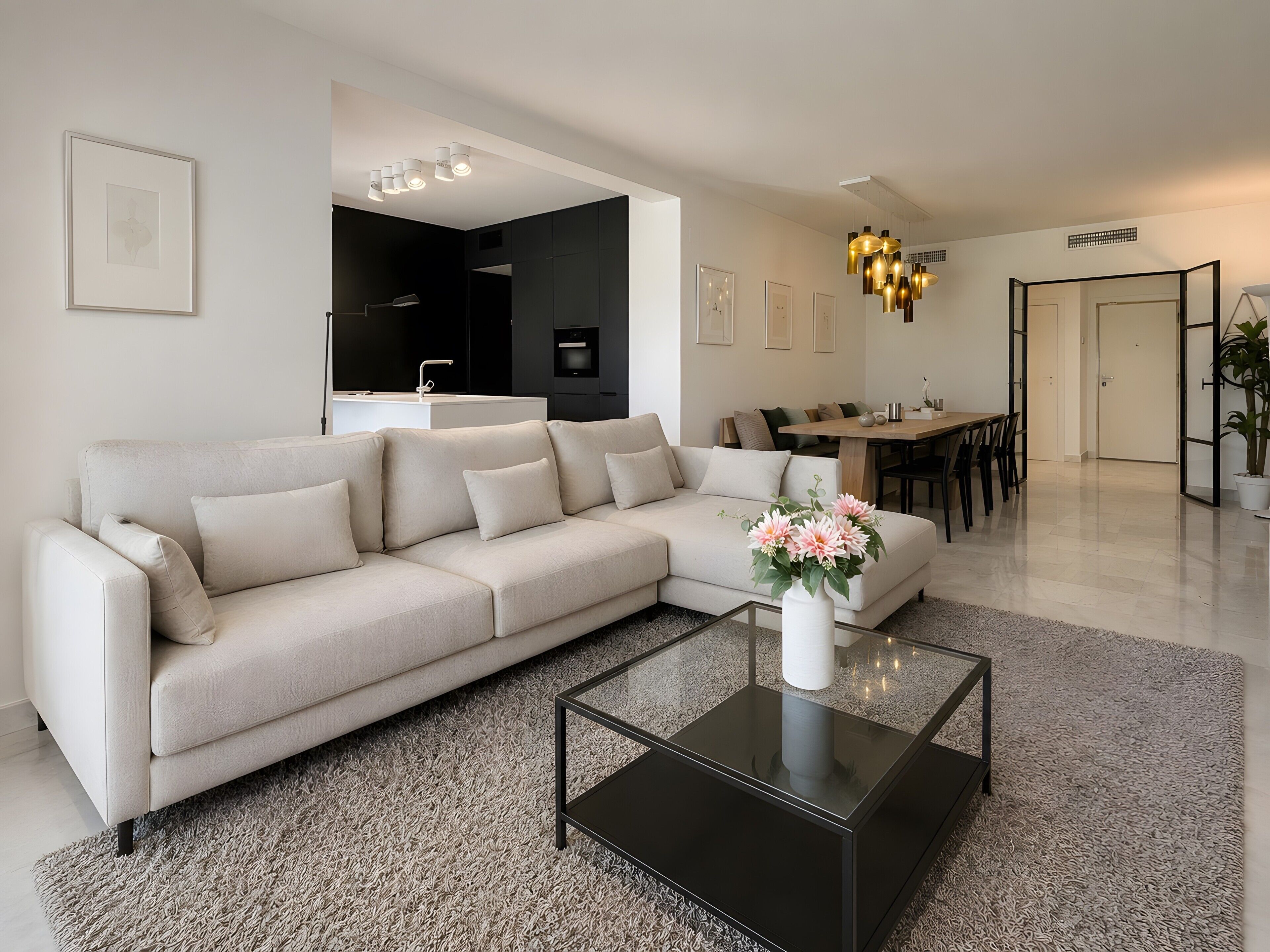 A modern living room with a sectional sofa, a coffee table, and a dining area with a table and chairs.