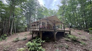 Une cabane en bois dotée d’une terrasse, entourée d’une forêt.