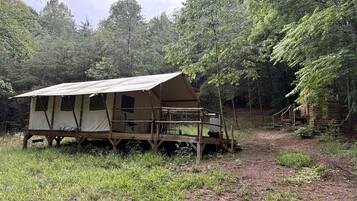 Eine rustikale Holzhütte mit Veranda, umgeben von einem Wald.