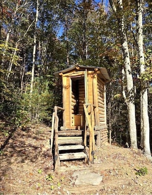 A wooden cabin with a staircase leading to a door, surrounded by trees.
