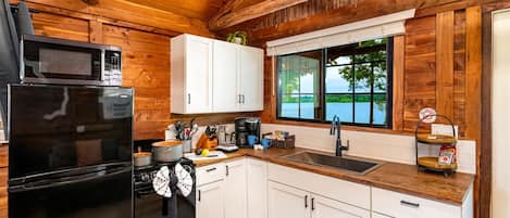 Une cuisine avec des murs en bois, un réfrigérateur noir, des placards blancs, une fenêtre donnant sur un beau paysage et un évier.