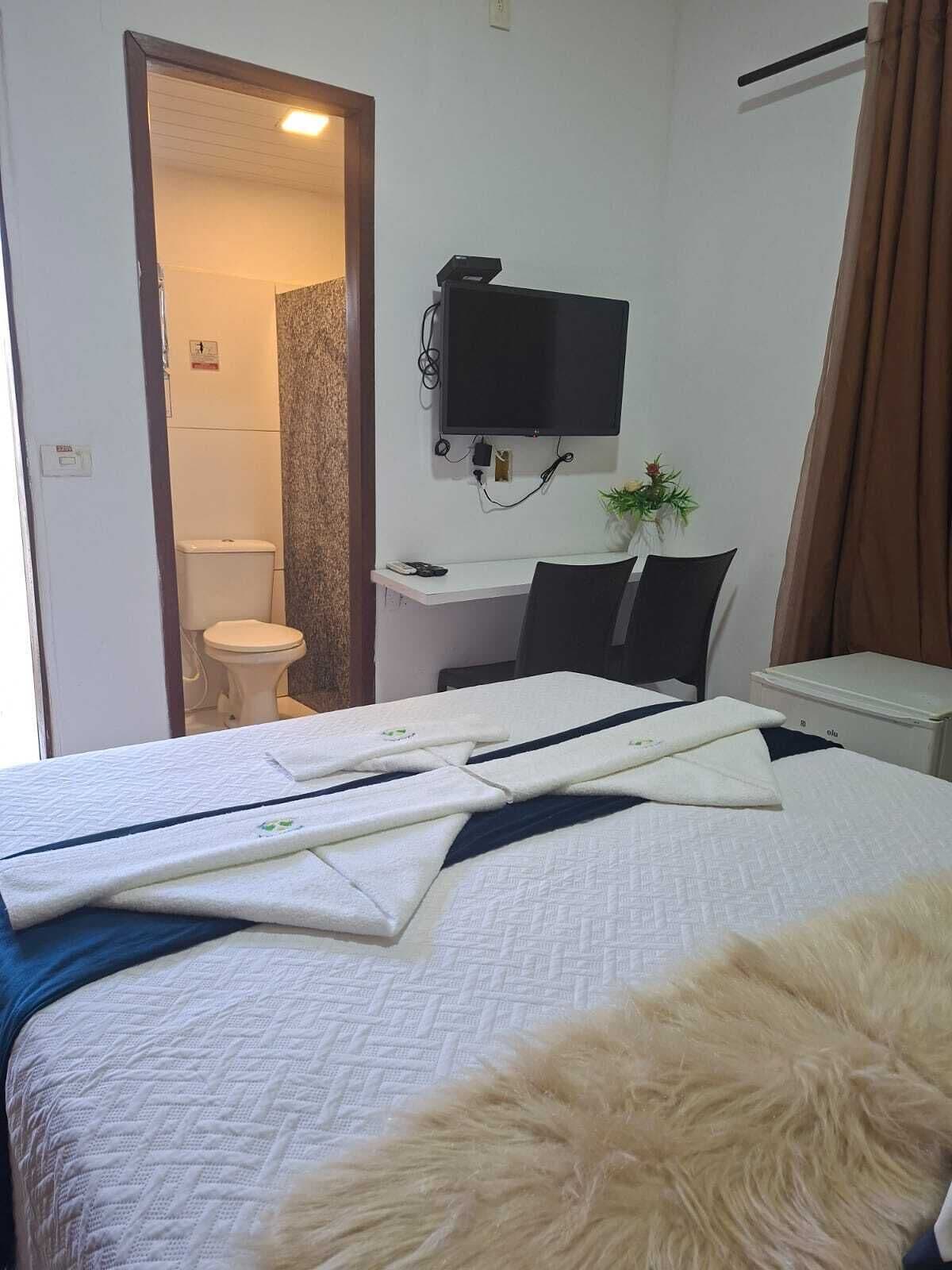 Une chambre d’hôtel avec un lit, un bureau, une télévision, une salle de bain et une fenêtre.