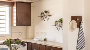 A kitchen with wooden cabinets, a window, and wall-mounted shelves with plants. - 3 Bedroom Penthouse In the Absolute Center Of Protaras (Paralimni)