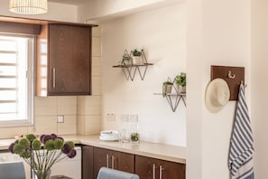 Eine Küche mit Holzschränken, einem Fenster und Regalen an der Wand mit Pflanzen.