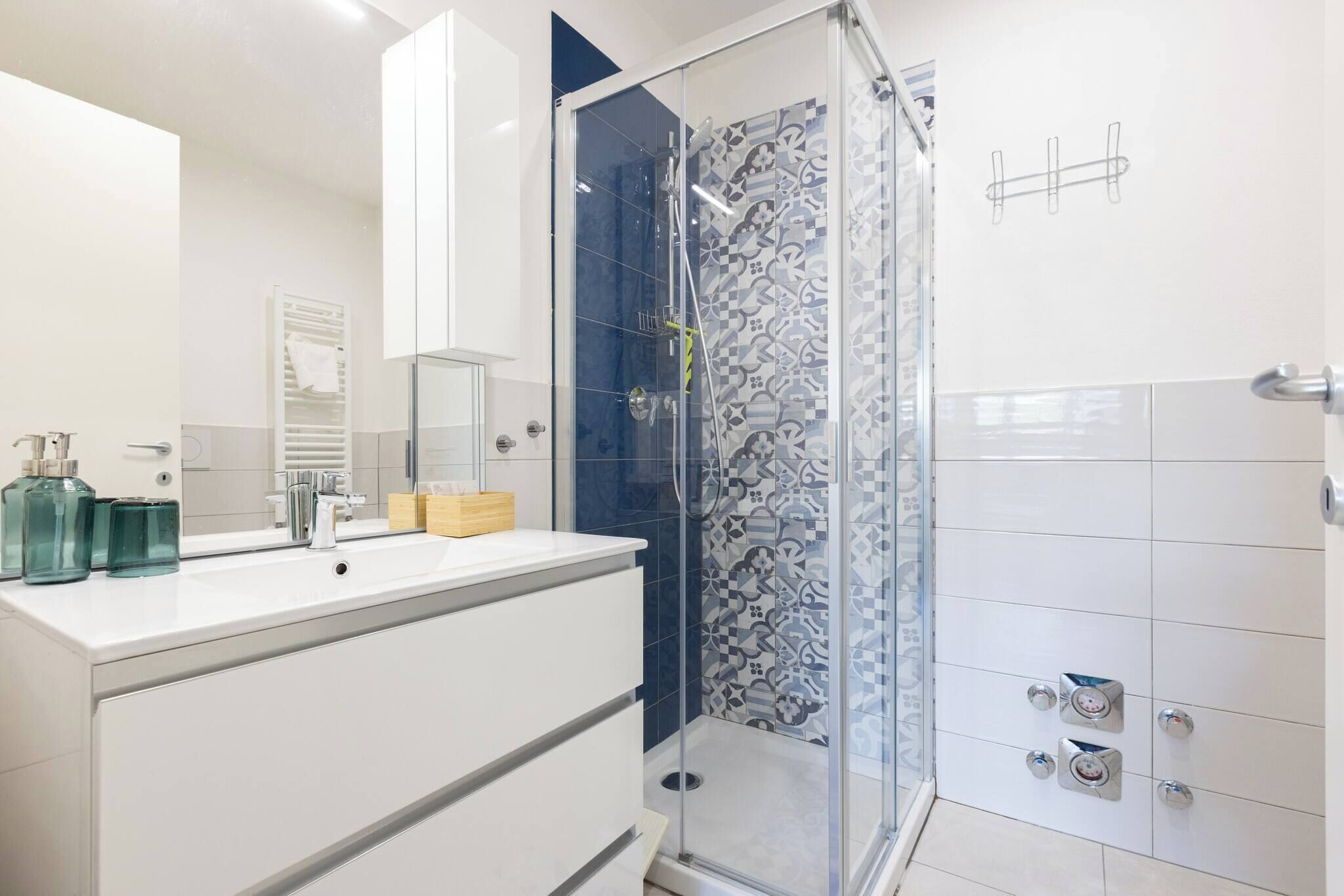 Shower, hair dryer, bidet, towels