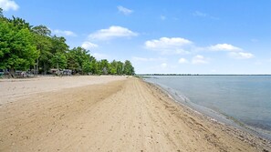 Una playa arenosa con un cuerpo de agua tranquilo, árboles y cielo despejado.