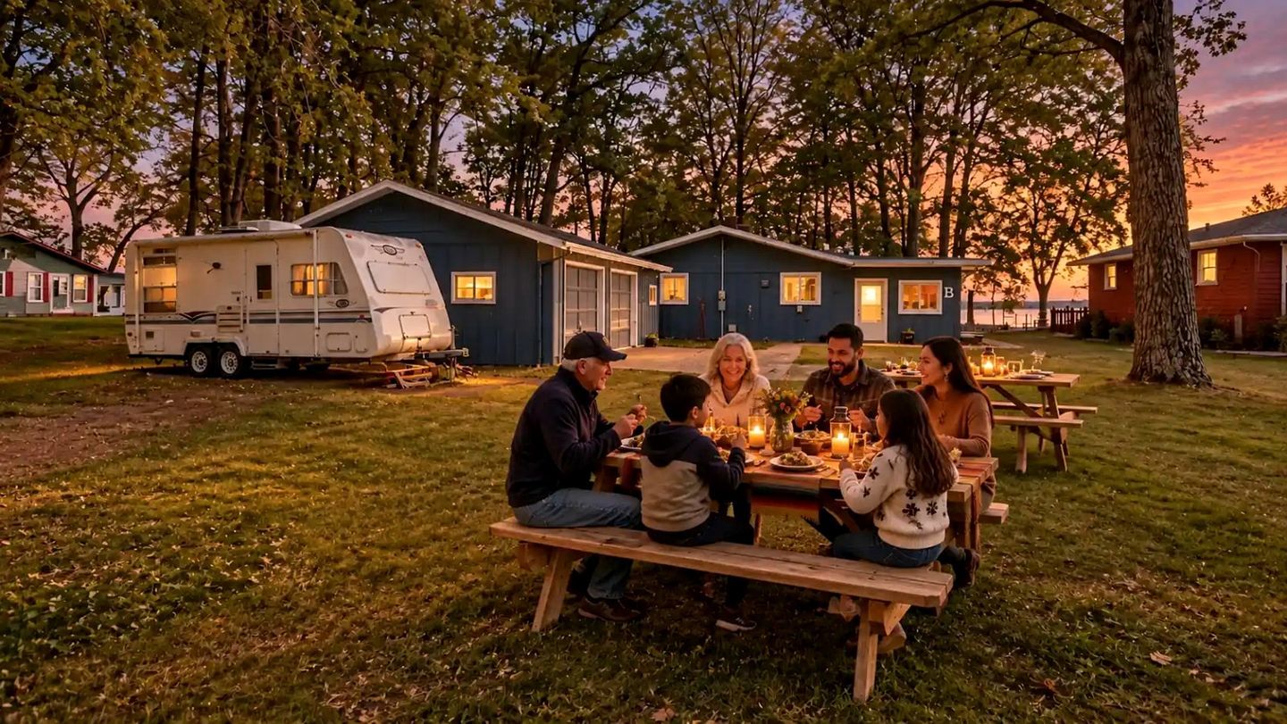 Un grupo de personas cenando al aire libre en una mesa de madera con velas, rodeado por una caravana y un edificio pequeño con garaje.