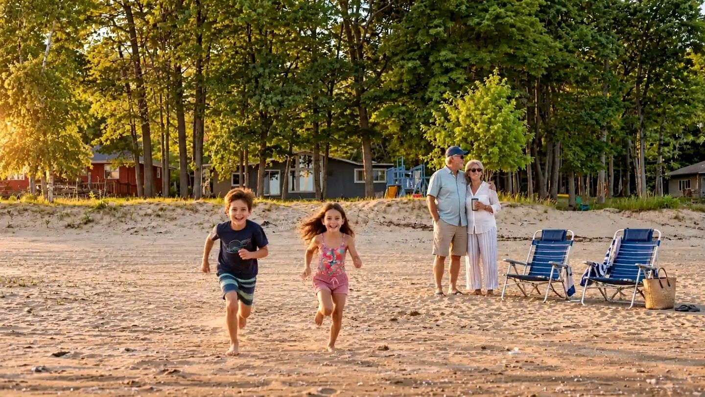 A beach scene with a row of beach chairs and a beach umbrella.