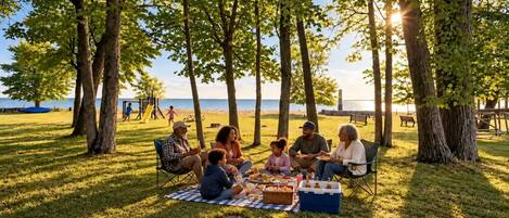 A group of people having a picnic in a park with a view of the sea.